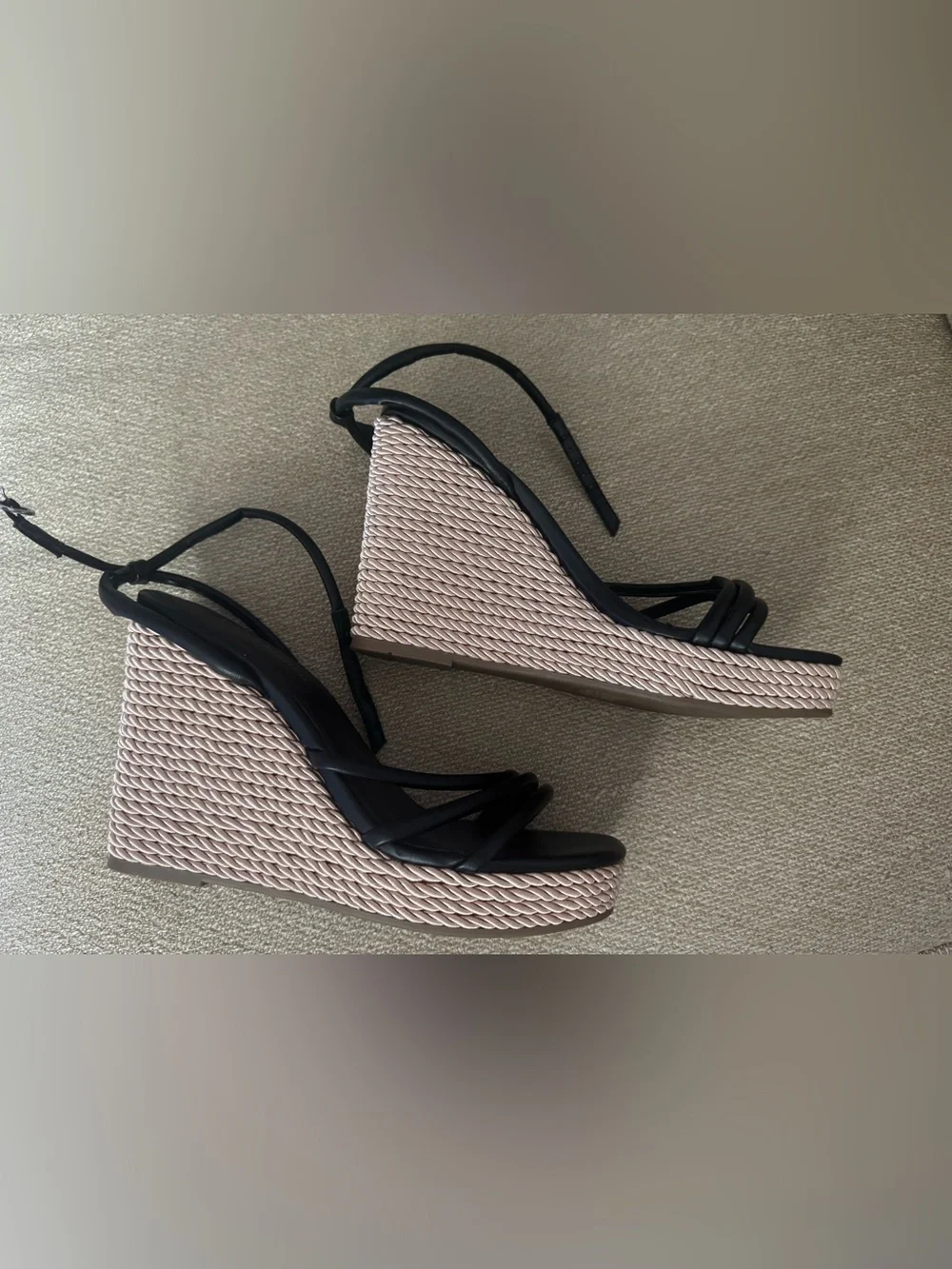 Marc Fisher Black Strappy Wedge Sandals with Blush Rope-Wrapped Platform